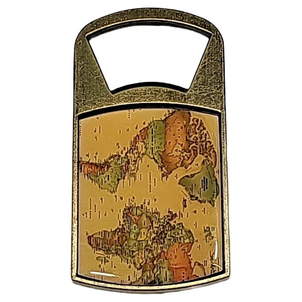 Brass World Map Handheld Bottle Opener Antique Gold Metal Vintage Bar Tool EUC